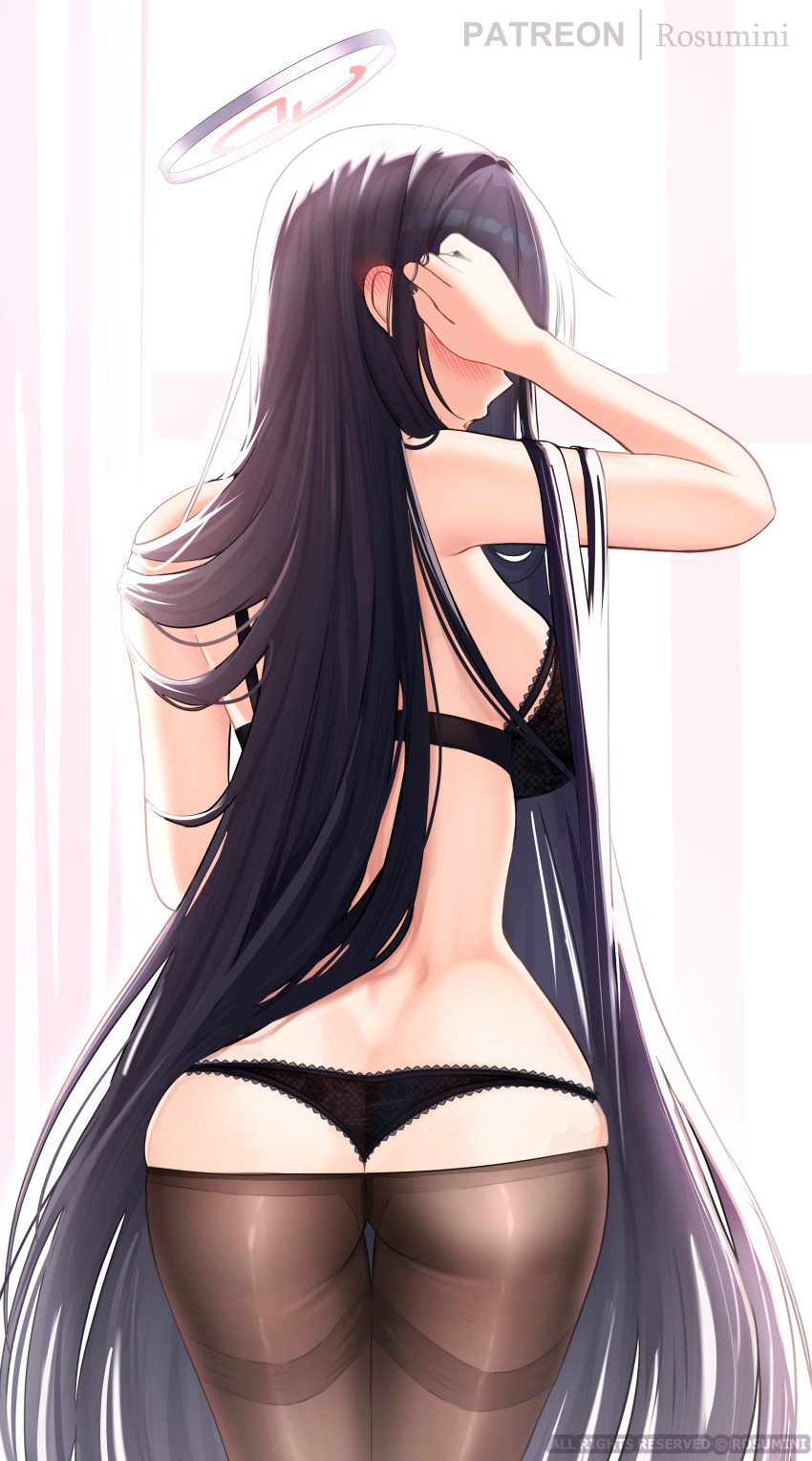 1girl absurdres adjusting_hair ass back bare_shoulders black_bra black_hair black_panties black_pantyhose blue_archive blush bra breasts clothes_pull commentary ear_blush english_commentary halo highres long_hair panties pantyhose pantyhose_pull rio_(blue_archive) rosumini solo thighband_pantyhose underwear very_long_hair