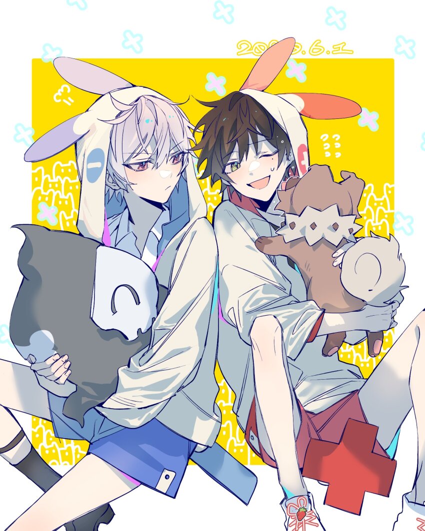2boys aged_down animal_ears animal_hood aohitsugi_samatoki black_hair black_shoes black_socks blue_shorts blush closed_mouth collared_shirt cosplay crossover duskull fake_animal_ears gen_3_pokemon gen_7_pokemon green_eyes highres holding holding_pokemon hood hood_up hoodie hypnosis_mic invisible_chair long_sleeves looking_at_another male_focus minun minun_(cosplay) mole mole_under_eye multiple_boys nintendo one_eye_closed open_mouth pale_skin plusle plusle_(cosplay) pokemon pokemon_(creature) rabbit_ears rabbit_hood red_eyes red_shorts rockruff shirt shoes short_hair shorts shuiyiyaogong sitting smile sneakers socks sweatdrop white_hair white_hoodie white_shirt white_shoes yamada_ichiro