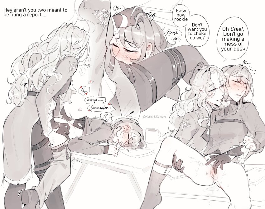 2girls absurdres augustus_(path_to_nowhere) blush bottomless chief_(path_to_nowhere) closed_eyes clothes_pull coat commentary dildo english_commentary english_text fellatio female_chief_(path_to_nowhere) female_ejaculation fingering gloves hand_in_another's_hair hand_on_another's_back hand_on_another's_head hand_on_another's_waist highres korichi_celeste long_hair multiple_girls oral pants pants_pull pantyhose parted_lips path_to_nowhere pussy reach-around sex_toy smile speech_bubble strap-on sweat thigh_strap uncensored yuri