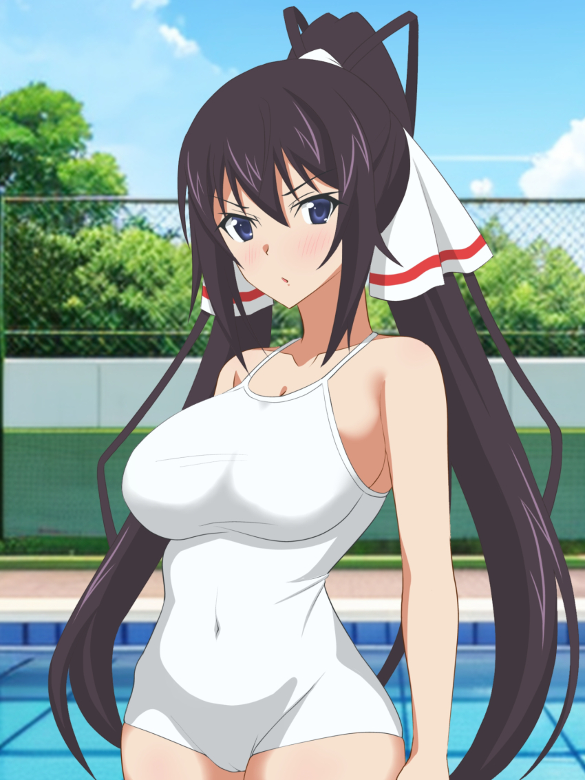 1girl black_hair blue_eyes blue_one-piece_swimsuit blue_sky breasts chain-link_fence cloud commentary_request competition_school_swimsuit covered_navel cowboy_shot day fence hair_ribbon hata_(pixiv10403940) high_ponytail highres infinite_stratos large_breasts one-piece_swimsuit outdoors ponytail pool ribbon school_swimsuit shinonono_houki sky solo split_ponytail standing swimsuit white_ribbon