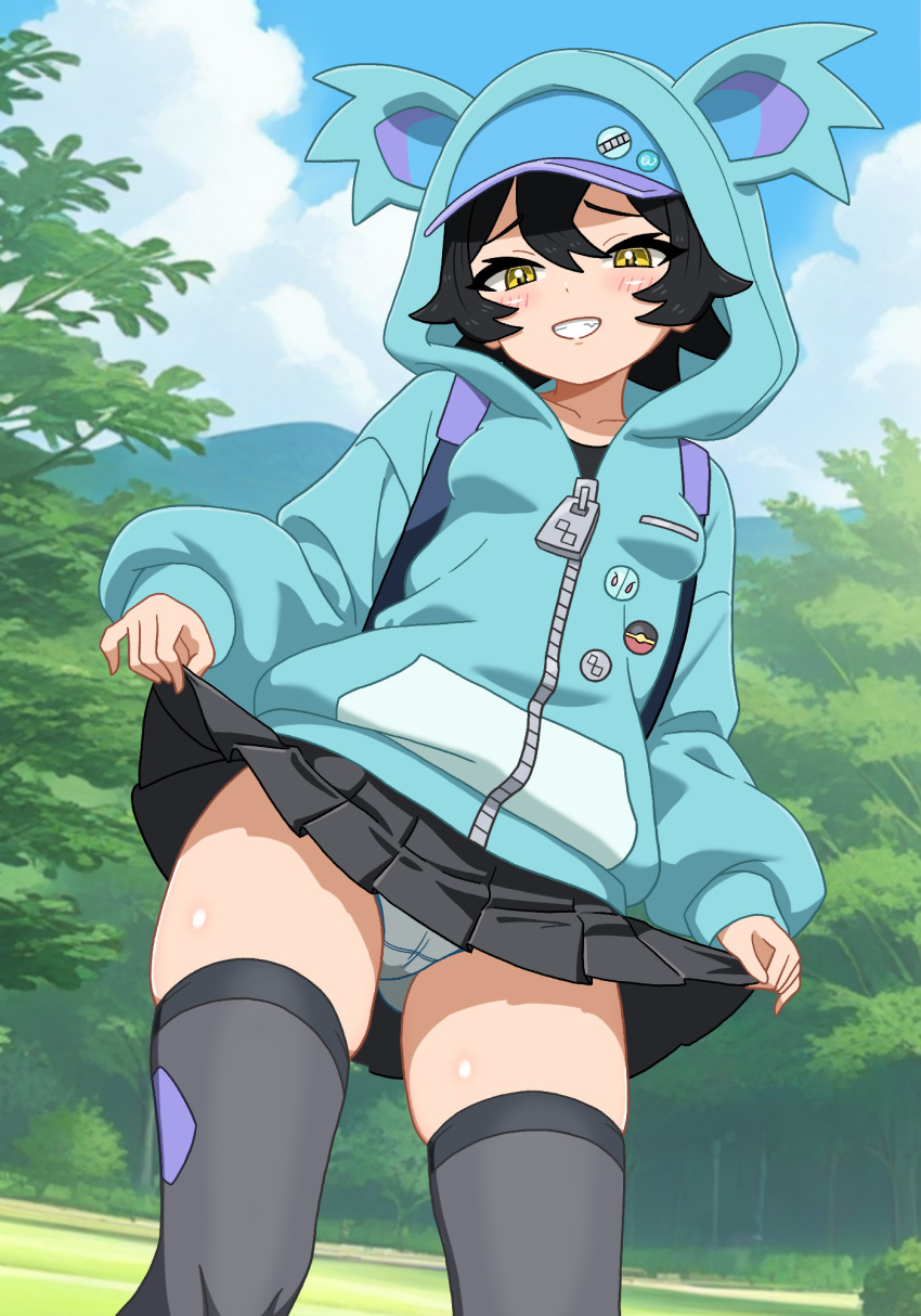 1girl aqua_hoodie black_hair black_skirt blue_hat cameltoe cloud commentary_request day grass grin hair_between_eyes hat hat_under_hood highres hood hood_up hoodie looking_down mori_hayaki nintendo nyabiko_(pokemon) outdoors panties pleated_skirt pokemon pokemon_(anime) pokemon_horizons raised_inner_eyebrows short_hair skirt sky smile solo teeth thighhighs tree underwear yellow_eyes zipper zipper_pull_tab