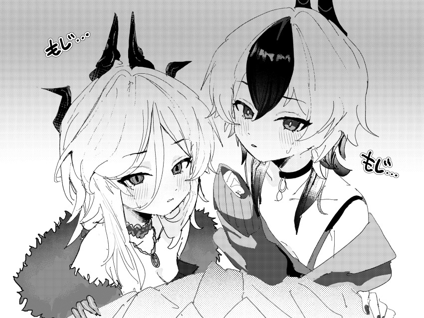 1girl 2girls absurdres blue_archive blush breasts demon_girl demon_horns highres hina_(blue_archive) horns k2_(jack_lin) kayoko_(blue_archive) looking_at_viewer monochrome multicolored_hair multiple_girls open_mouth sensei_(blue_archive) short_hair simple_background small_breasts two-tone_hair white_background