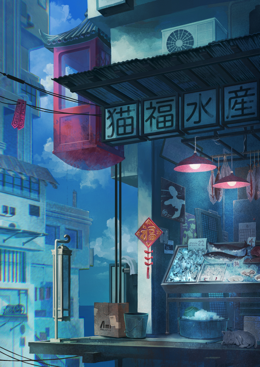absurdres blue_sky box bucket building cardboard_box cat ceiling_light commentary_request condenser_unit fish fish_market grey_cat highres no_humans original scenery sky tsuta_you window