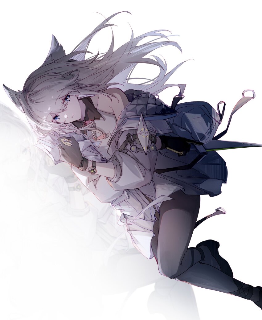 1girl animal_ears arknights arknights:_endfield black_gloves black_pantyhose black_shoes blue_eyes commentary gloves grey_jacket hashtag-only_commentary hibioes highres jacket long_hair lying on_side pantyhose parted_lips perlica_(arknights) reflective_floor shoes simple_background solo watch white_background wristwatch