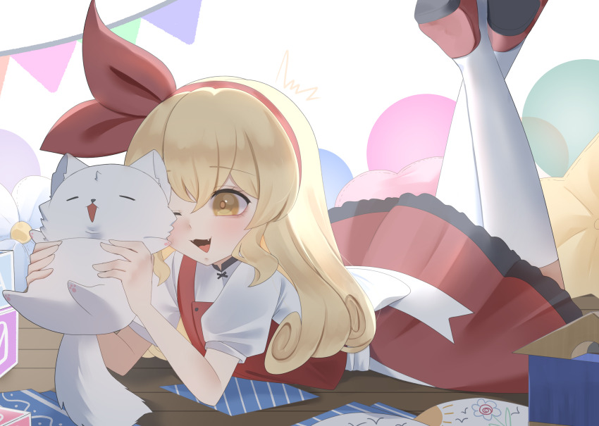 1girl absurdres back_bow blonde_hair blush bow cat commentary ellen_(touhou) hairband highres kneehighs legs_up long_hair lying no_noru on_stomach one_eye_closed open_mouth puffy_short_sleeves puffy_sleeves red_hairband red_shoes red_skirt red_vest shirt shoes short_sleeves skirt smile socks sokrates_(touhou) touhou touhou_(pc-98) vest white_bow white_cat white_shirt white_socks yellow_eyes