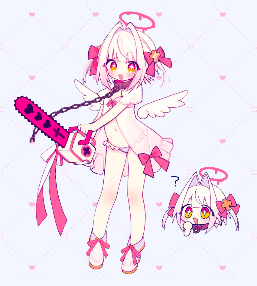 1girl absurdres artist_request babydoll bdsm black_collar bow breasts chain chainsaw chibi chibi_inset collar commission cross fang footwear_bow frilled_panties frills full_body gradient_hair hair_bow hair_intakes halo highres holding holding_chainsaw leash legs loli looking_at_viewer medium_hair multicolored_eyes multicolored_hair navel open_mouth orange_eyes original panties pink_bow pink_hair pink_halo puffy_short_sleeves puffy_sleeves purple_panties r-0224 red_eyes second-party_source see-through_babydoll see-through_clothes shoes short_sleeves skin_fang slave small_breasts solo standing star-shaped_pupils star_(symbol) stomach symbol-shaped_pupils two-tone_eyes two_side_up underwear white_babydoll white_hair white_shoes white_wings wings wispy_bangs