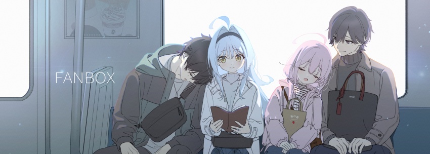 2boys 2girls absurdres ahoge arata_(kise_itsuki) bag black_eyes black_hair blue_hair closed_eyes couple fanbox_banner head_on_another's_shoulder highres kise_itsuki long_hair looking_at_another momo_(kise_itsuki) multiple_boys multiple_girls original pink_hair sitting sleepy smile train_interior yuki_(kise_itsuki)