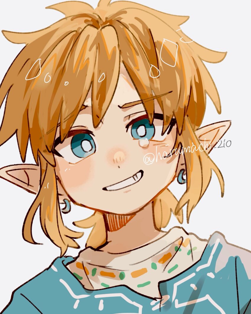 1boy aqua_eyes aqua_tunic blonde_hair earrings grin haru-cho highres jewelry light_blush link looking_at_viewer low_ponytail male_focus medium_hair nintendo pointy_ears ponytail shirt sidelocks smile solo tears teeth the_legend_of_zelda the_legend_of_zelda:_breath_of_the_wild tunic twitter_username upper_body white_background white_shirt