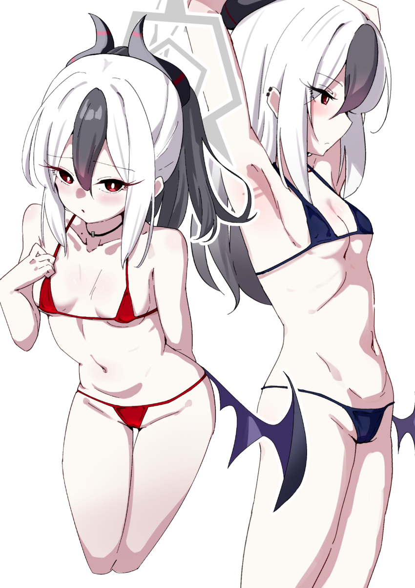 1girl absurdres armpits arms_up bikini black_hair black_horns blue_archive blue_bikini breasts commentary_request grey_halo hair_between_eyes halo highres horns kayoko_(blue_archive) looking_at_viewer micro_bikini multicolored_hair multiple_views navel red_bikini red_eyes simple_background single_wing small_breasts so-ko swimsuit two-tone_hair white_background white_hair wings