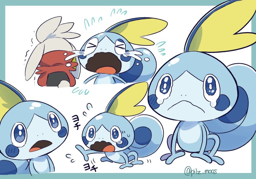 >_< :< artist_name closed_mouth commentary_request crying flying_sweatdrops gen_8_pokemon highres koke_ojisan nintendo no_humans open_mouth pokemon pokemon_(creature) raboot sobble tears tongue trembling watermark watery_eyes wavy_mouth