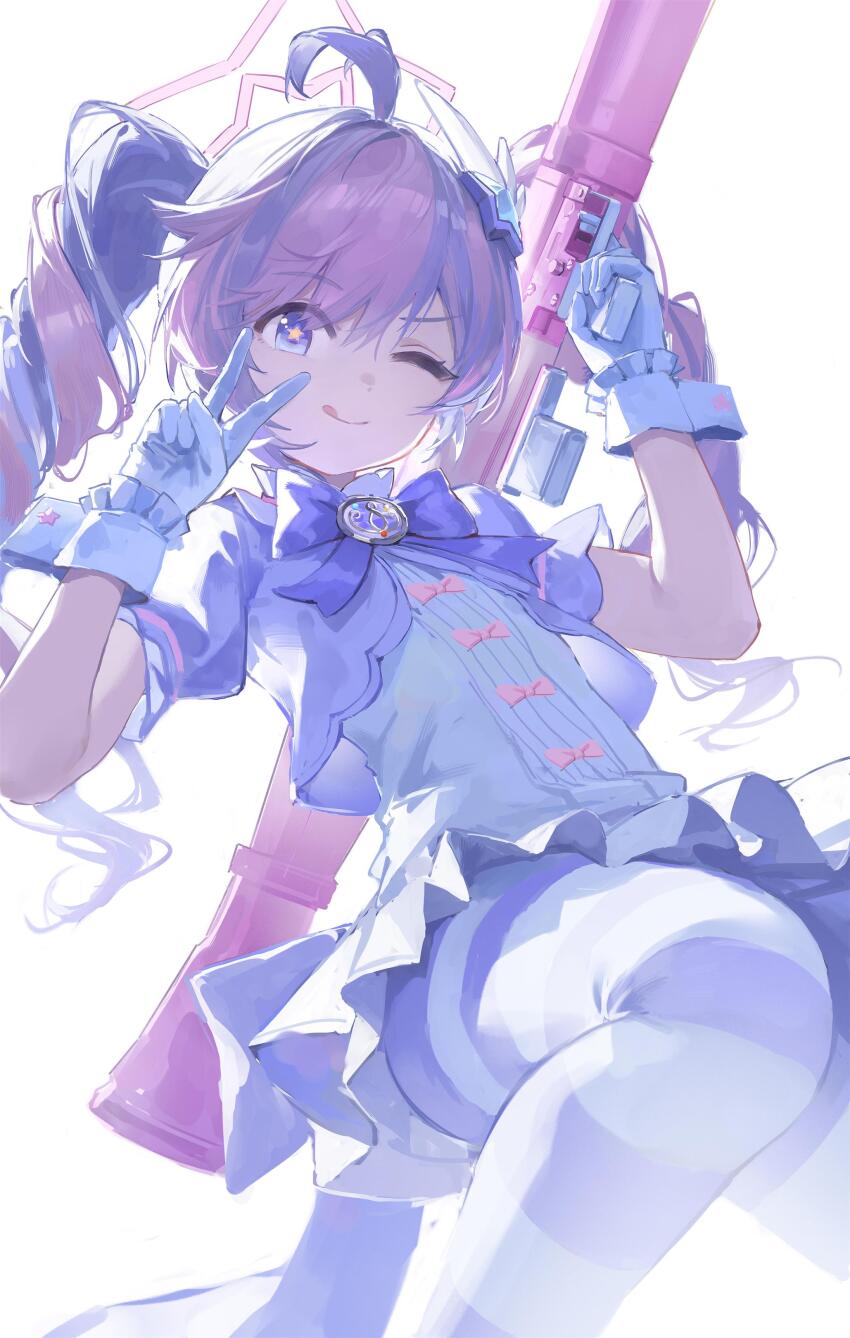 1girl absurdres ahoge blue_archive blue_hair closed_mouth drill_hair gloves halo highres holding holding_rocket_launcher holding_weapon jacket long_hair meinoss multicolored_hair official_alternate_costume pantyhose purple_eyes purple_hair purple_halo purple_jacket purple_pantyhose purple_skirt reisa_(blue_archive) reisa_(magical)_(blue_archive) rocket_launcher shirt short_sleeves sidelocks skirt smile solo star-shaped_pupils star_(symbol) striped_clothes striped_pantyhose symbol-shaped_pupils tongue tongue_out twin_drills two-tone_hair v weapon white_gloves white_shirt