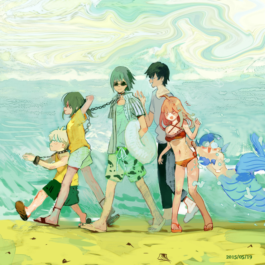 2girls 4boys ^^^ ahoge animal_collar anklet arms_behind_back arms_behind_head bare_arms bare_shoulders bikini black_hair black_pants blue_bikini blue_hair blue_tail blush_stickers breasts brown_sandals chain chain_leash character_request cleavage closed_mouth collar collared_shirt copyright_request criss-cross_halter cuffs dated day fins fish_tail flip-flops from_side frown glasses green_hair green_male_swimwear green_tank_top grey_shirt hair_ornament hairclip halterneck height_difference high_collar highres holding holding_leash jewelry leaf_print leash loafers male_swimwear medium_hair mermaid monster_girl multiple_boys multiple_girls nengo ocean opaque_glasses open_clothes open_shirt orange_sandals outdoors pants pointy_nose ponytail print_male_swimwear red_bikini round_eyewear sandals shackles shadow shell shell_bikini shirt shoes shore short_male short_ponytail short_sleeves sleeveless sleeveless_shirt splashing striped_clothes striped_shirt sunglasses swimsuit t-shirt tail tank_top toes vertical-striped_clothes vertical-striped_shirt walking water_drop white_hair white_sandals white_shirt white_shoes yellow_shirt