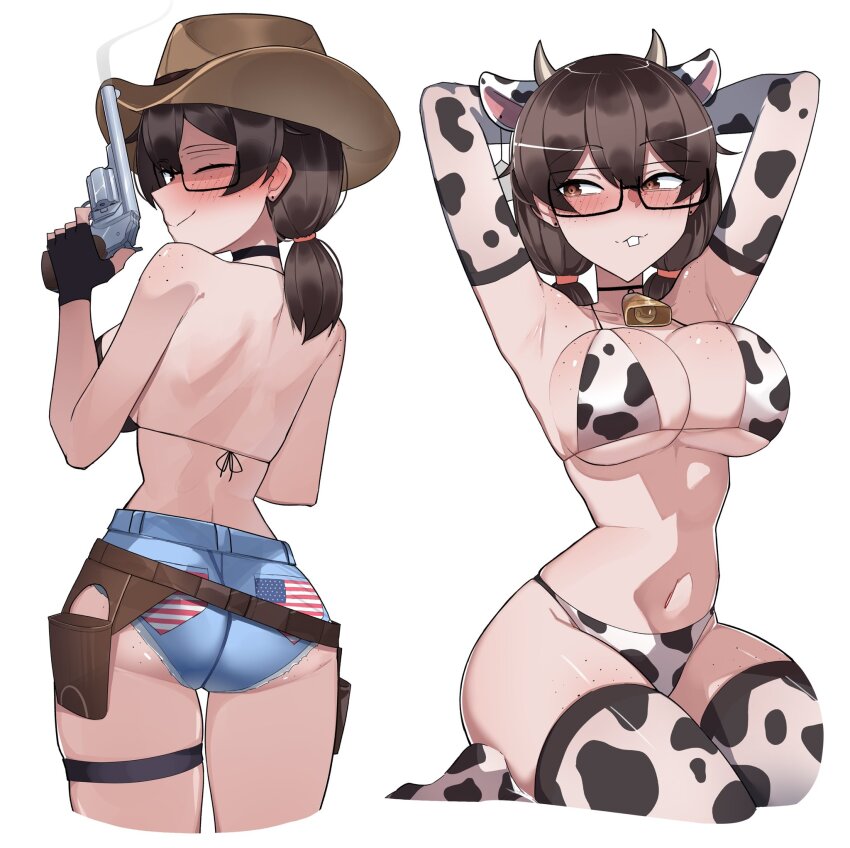 1girl american_flag american_flag_print animal_ears animal_print arms_behind_head back bell bikini bikini_top_only black_choker blush breasts brown_eyes brown_hair buck_teeth choker closed_eyes closed_mouth commentary cow_ears cow_horns cow_print cow_print_bikini cow_print_gloves cow_print_thighhighs cowboy_hat cowgirl_(western) cropped_legs denim denim_shorts flag_print gloves gun hat highres holding holding_gun holding_weapon holster horns kneeling large_breasts multiple_views navel neck_bell original print_bikini print_gloves print_thighhighs rectangular_eyewear short_twintails shorts simple_background smoke smoking_barrel standing stephanie_(ti_keep) swimsuit teeth thighhighs ti_keep twintails weapon white_background