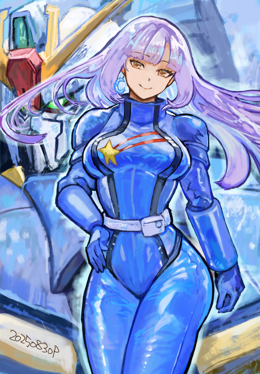 1girl 2025 aeug arm_at_side blue_bodysuit blue_hair bodysuit breasts closed_mouth colored_inner_hair commentary_request cowboy_shot dated floating_hair green_eyes gundam gundam_zz hand_on_own_hip highres long_hair looking_at_viewer mecha mecha_pilot_suit medium_breasts mobile_suit multicolored_hair normal_suit_(gundam) okrdisk2000 purple_hair revision robot roux_louka science_fiction signature skin_tight smile spacesuit standing star_(symbol) star_print two-tone_hair v-fin yellow_eyes