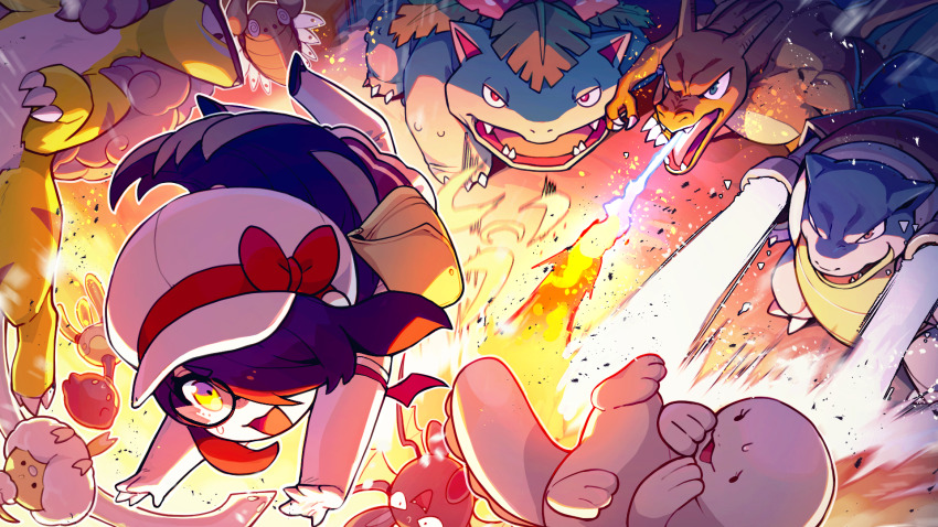 1girl black_hair black_shoes blastoise character_request charizard check_character commentary_request crobat elbow_gloves gen_1_pokemon gen_2_pokemon gen_3_pokemon glasses gloves hat highres indie_virtual_youtuber itou_life_(vtuber) legendary_pokemon lileep nintendo open_mouth paras pokemon pokemon_(creature) quagsire raikou red_ribbon ribbon round_eyewear shoes swablu sweat venusaur white_gloves white_hat wrbs yellow_bag yellow_eyes