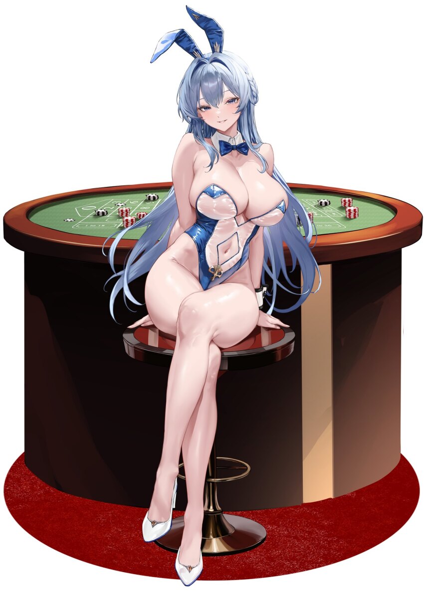 animal_ears aoi_sakura_(seak5545) blue_hair bow bowtie breasts center_opening cleavage detached_collar fake_animal_ears goddess_of_victory:_nikke hair_intakes helm_(nikke) high_heels highleg highres large_breasts leotard navel on_stool playboy_bunny poker_chip poker_table rabbit_ears see-through_clothes see-through_leotard shoes table white_shoes wrist_cuffs