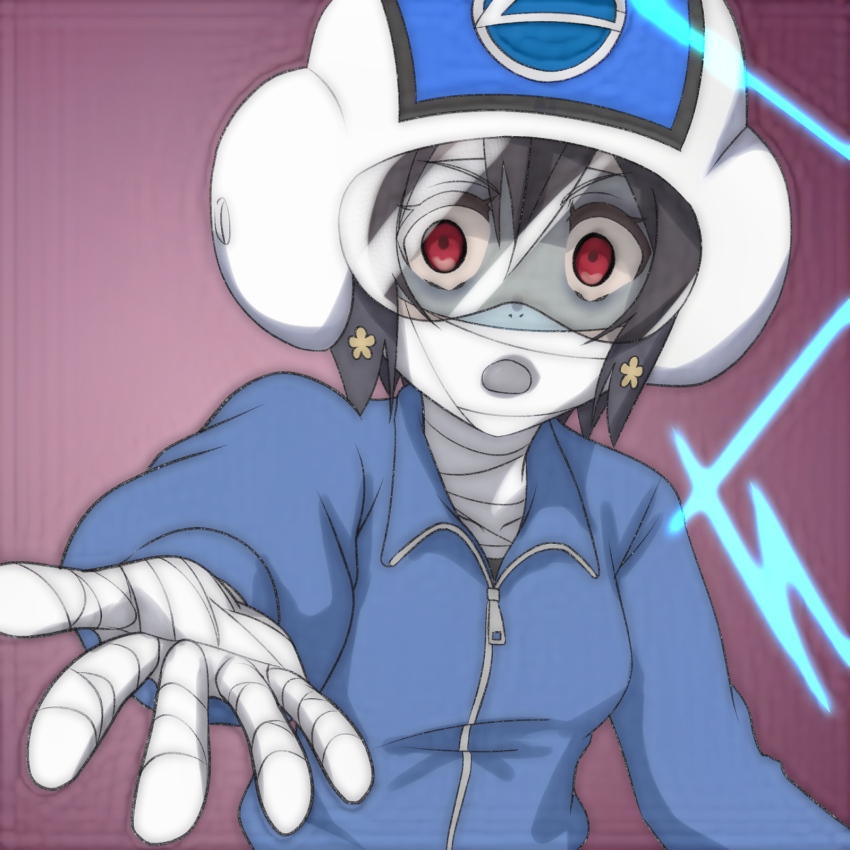 1girl bandaged_hand bandaged_head bandages black_hair blue_helmet blue_jacket breasts colored_skin flower grey_skin hair_flower hair_ornament helmet jacket long_sleeves looking_at_viewer medium_breasts mizuno_ai open_mouth purple_background reaching reaching_towards_viewer red_eyes short_hair standing superhero_costume t_jiroo_(ringofriend) track_jacket track_suit upper_body yellow_flower zombie zombie_land_saga