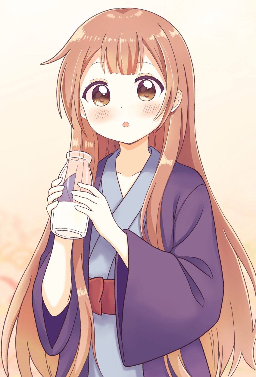 1girl :o absurdres bathrobe blue_kimono bottle brown_hair child highres holding holding_bottle honzoumiz japanese_clothes kimono long_hair looking_at_viewer milk milk_bottle oomuro-ke oomuro_hanako simple_background solo upper_body wide_sleeves yuruyuri