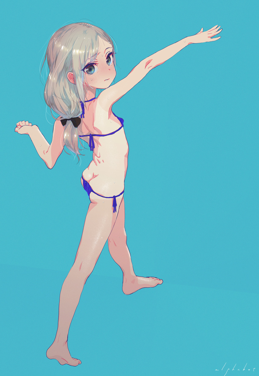 1girl alphabet_(alphabetnoon) aqua_background ass bare_legs bare_shoulders barefoot bikini black_bow blue_bikini blush bow breasts full_body grey_eyes grey_hair hair_bow halterneck highres loli long_hair looking_at_viewer micro_bikini original outstretched_arm parted_bangs side-tie_bikini_bottom signature simple_background small_breasts solo sweat swimsuit tan tanline