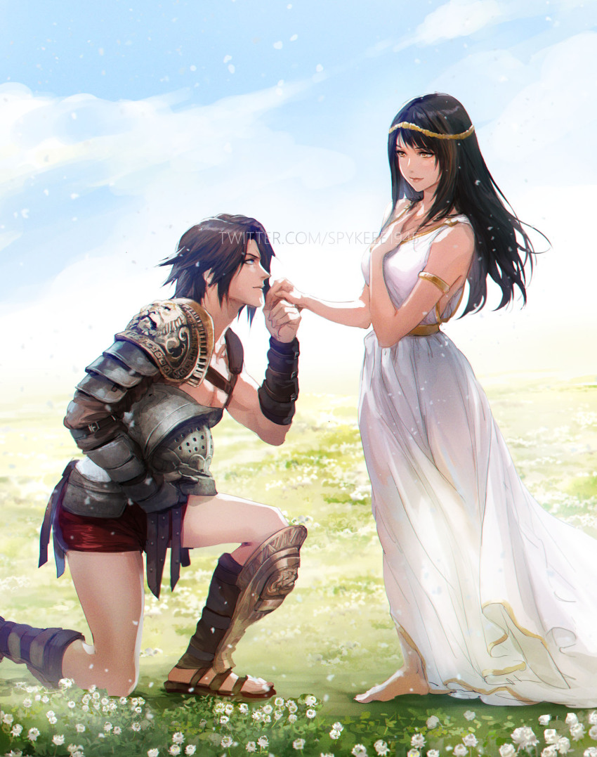 1boy 1girl alternate_costume armlet armor bare_shoulders barefoot black_hair blue_eyes blue_sky brown_eyes brown_hair cloud cloudy_sky commentary commission couple dress english_commentary final_fantasy final_fantasy_viii flower from_side grass hand_on_own_chest helmet hetero highres holding holding_hands holding_unworn_helmet jewelry long_hair looking_at_another on_one_knee outdoors profile rinoa_heartilly sandals short_hair sky sleeveless sleeveless_dress spykeee squall_leonhart standing twitter_username unworn_headwear unworn_helmet white_dress white_flower