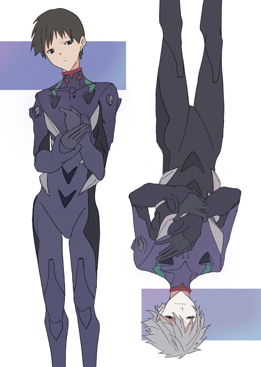 2boys blue_eyes brown_hair carrypan53 closed_mouth commentary_request evangelion:_3.0_you_can_(not)_redo grey_hair greyscale highres ikari_shinji looking_at_another looking_at_viewer male_focus mecha_pilot_suit monochrome multiple_boys nagisa_kaworu neon_genesis_evangelion plugsuit_(evangelion) rebuild_of_evangelion red_eyes short_hair upside-down