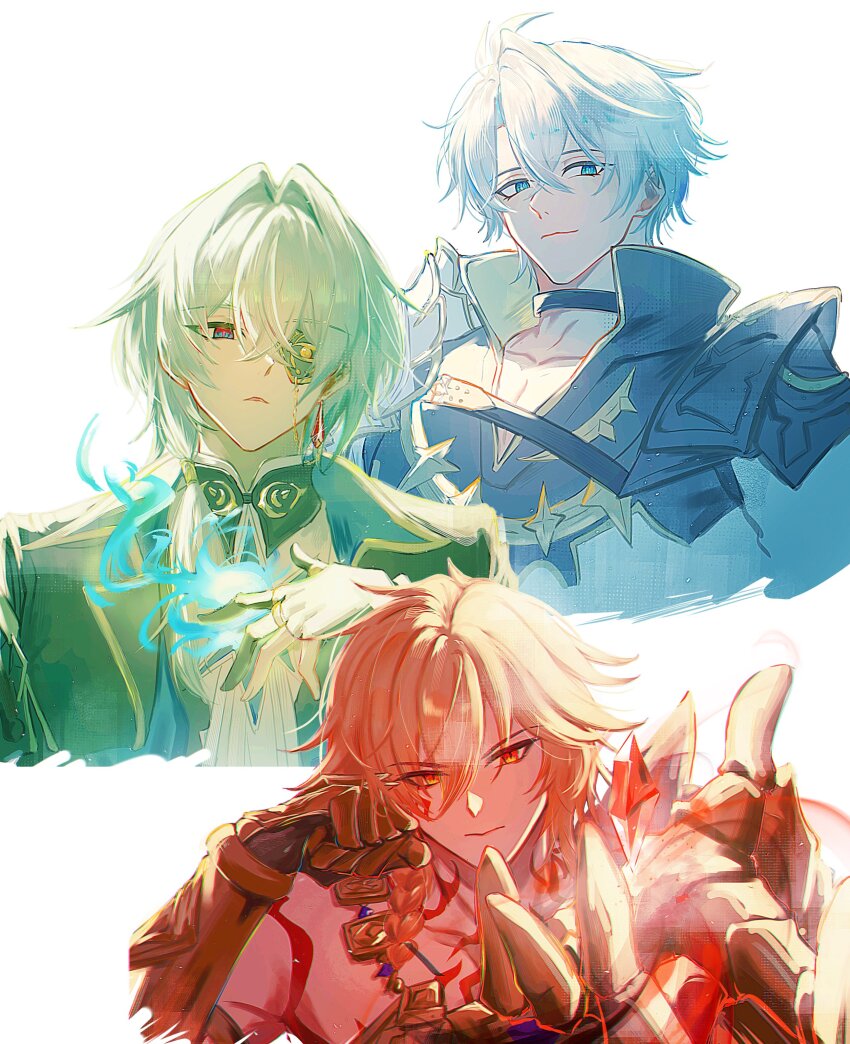 3boys absurdres anaxa_(honkai:_star_rail) ancient_greek_clothes armor black_choker black_jacket blonde_hair blue_eyes blue_fire body_markings braid chain choker clenched_hand closed_mouth collarbone commentary_request crossed_bangs crystal_wings earrings eyepatch fingerless_gloves fingernails fire gauntlets gloves gold_chain greco-roman_clothes green_hair grey_hair hair_between_eyes hand_on_own_face hand_up highres honkai:_star_rail honkai_(series) jacket jewelry lapels long_hair long_sleeves looking_at_viewer low-tied_long_hair male_focus mandarin_collar multicolored_eyes multiple_boys muscular muscular_male mydei_(honkai:_star_rail) necklace open_clothes open_jacket open_mouth partially_fingerless_gloves phainon_(honkai:_star_rail) ponytail red_eyes shirt short_hair shoulder_armor shoulder_spikes simple_background single_bare_shoulder single_earring smile spikes ukisi upper_body v-shaped_eyebrows white_background white_jacket white_shirt wings