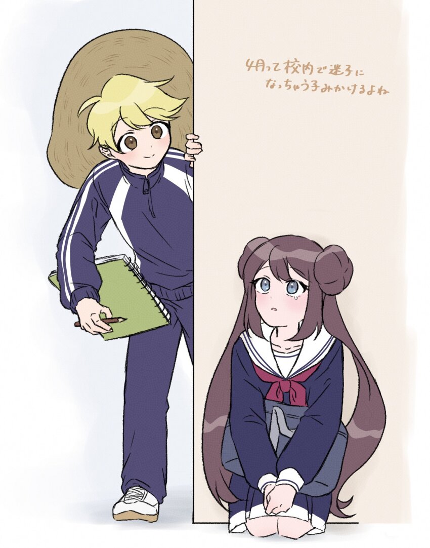 2girls blonde_hair brown_eyes brown_hair brown_hat closed_mouth commentary_request double_bun grey_eyes hair_bun hand_up hat highres holding holding_pencil jacket long_hair long_sleeves looking_up multiple_girls neckerchief nintendo pants pencil pleated_skirt pokemon pokemon_adventures red_neckerchief rosa_(pokemon) school_uniform serafuku shirt shoes short_hair sidelocks sitting sketchbook skirt smile standing translation_request tsukimi_(tkm_516) twintails white_shoes yellow_(pokemon)