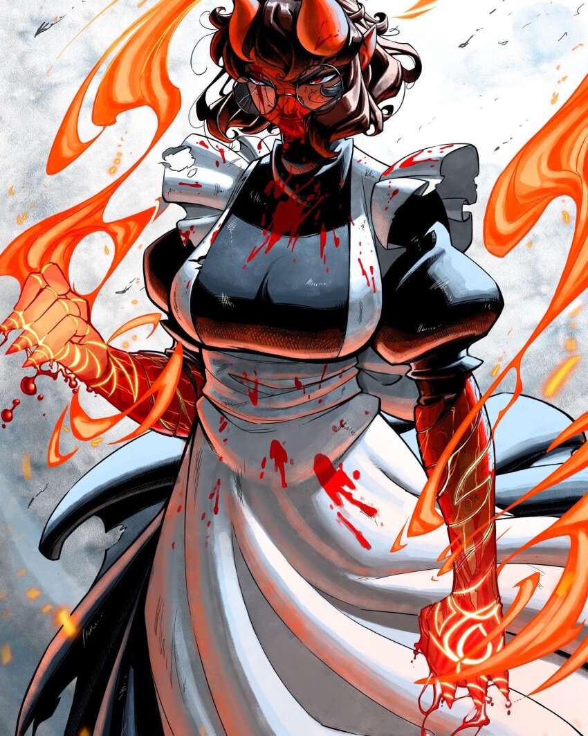 1girl apron black_dress black_hair blood blood_on_clothes breasts brown_hair colored_skin commentary demon_girl dress english_commentary fire glasses highres horns jgeorgedrawz large_breasts maggie_(jgeorgedrawz) maid original pointy_ears pyrokinesis red_eyes red_horns red_skin round_eyewear short_hair solo white_apron