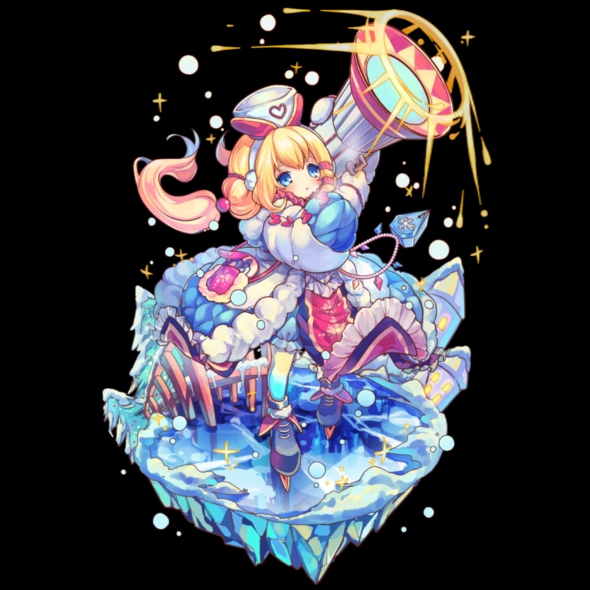 1girl bag black_background blonde_hair bloomers blue_boots blue_eyes boots breath closed_mouth fence fione_(merc_storia) firing full_body gloves hair_between_eyes hat highres holding_cannon house ice_skates long_sleeves low_twintails merc_storia merc_storia_art_team mini_hat official_art pantyhose sidelocks simple_background skates solo standing tachi-e tree twintails underwear white_gloves white_hat white_pantyhose