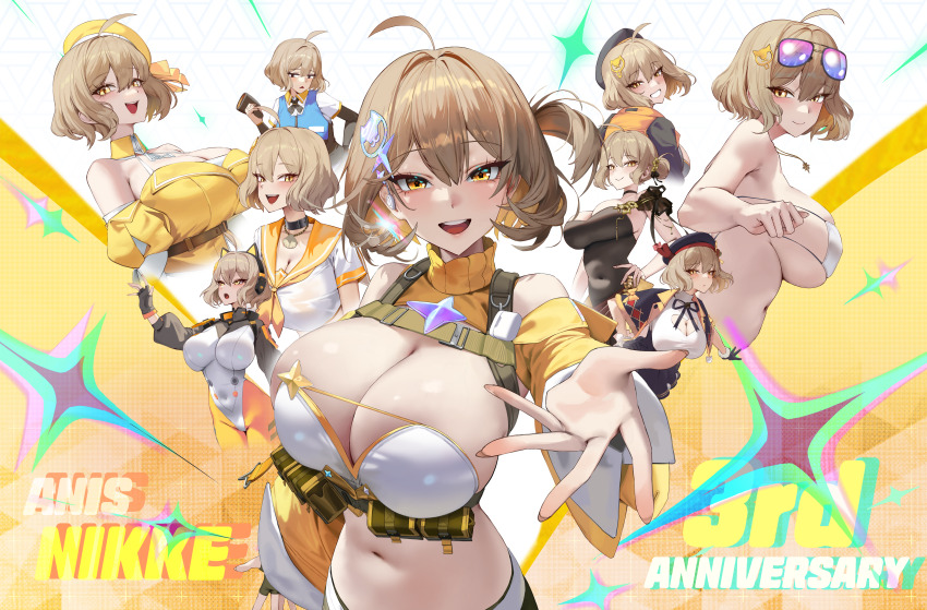 1girl :d absurdres ahoge alternate_costume anis_(nikke) anis_(sparkling_summer)_(nikke) bikini black_choker black_hat breasts brooch brown_hair choker cleavage eyepatch_bikini eyewear_on_head goddess_of_victory:_nikke hair_ornament hat headphones highres huge_breasts jewelry large_breasts leotard multiple_views nankam76 necklace official_alternate_costume open_hand open_mouth short_hair smile sunglasses swimsuit turtleneck yellow_eyes yellow_hat