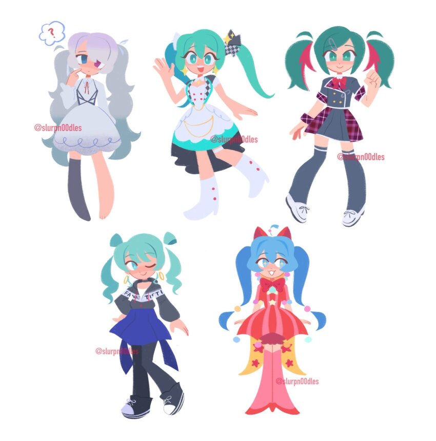 +_+ 1girl :3 ? ahoge animal_ears aqua_eyes aqua_hair black_pantyhose black_shoes blue_skirt blush boots bow bowtie bright_pupils cat_ears clenched_hand closed_mouth clothes_lift commentary costume_request dress earrings english_commentary eyelashes finger_to_cheek full_body grey_dress grey_hair grey_jacket grey_shirt grey_skirt grey_thighhighs hair_ornament hair_ribbon hairclip hand_on_own_hip hatsune_miku head_tilt heterochromia high_heels highres hood hood_down hooded_jacket hoop_earrings jacket jewelry long_hair long_sleeves multicolored_hair multiple_views one_eye_closed open_mouth pantyhose pink_eyes pink_hair pink_thighhighs plaid_clothes red_bow red_bowtie red_dress red_shoes ribbon shirt shoes simple_background single_thighhigh skirt slurpn00dles smile star_(symbol) star_earrings star_print striped_clothes striped_dress teeth thighhighs twintails twitter_username two-tone_hair upper_teeth_only vertical-striped_clothes vertical-striped_dress very_long_hair vocaloid white_background white_boots white_dress white_pupils white_shoes