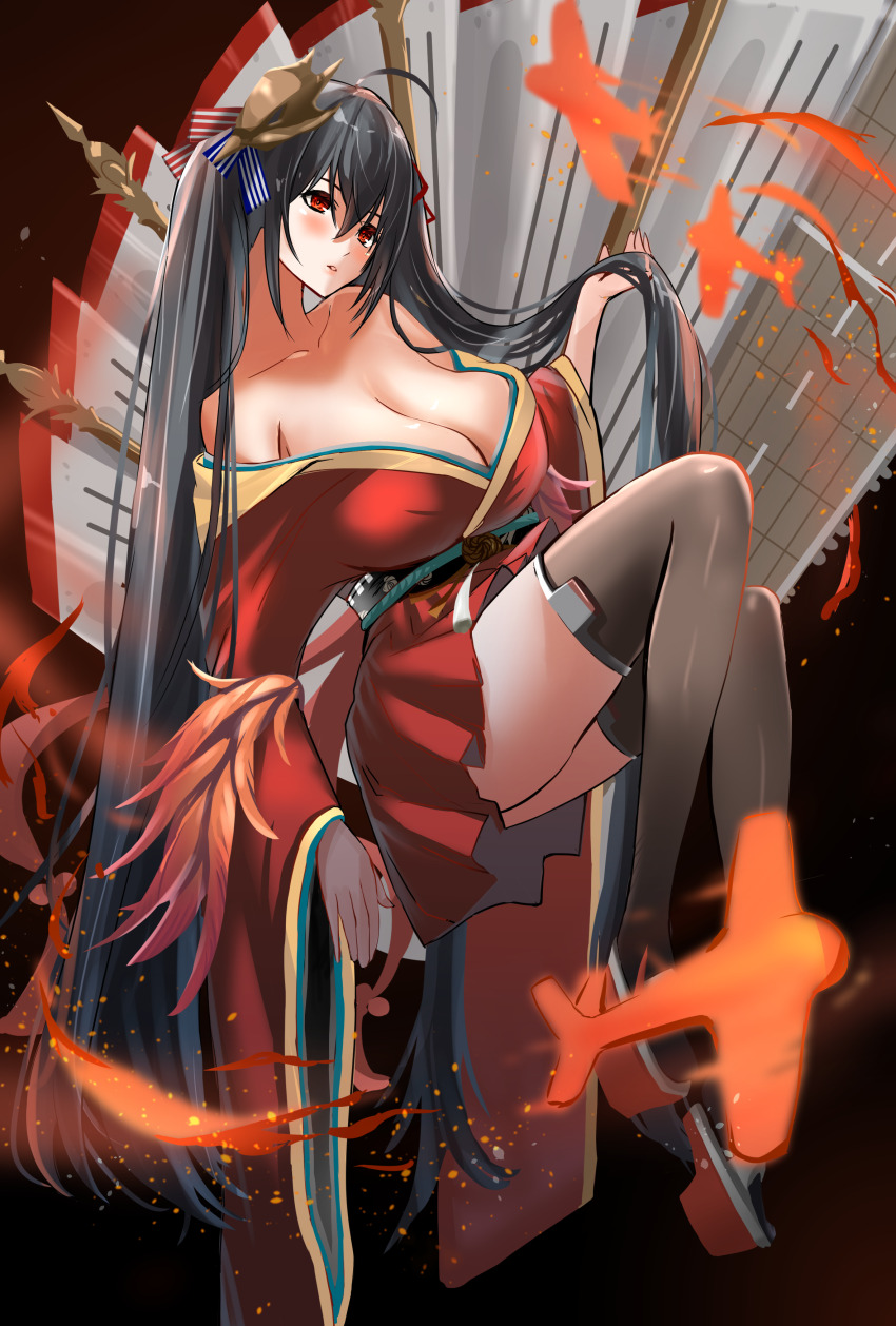 1girl absurdres ahoge azur_lane bare_shoulders black_background black_hair black_thighhighs blue_ribbon breasts cleavage collarbone commentary flight_deck folding_fan hair_between_eyes hand_fan highres holding holding_own_hair huge_breasts japanese_clothes kimono long_hair long_sleeves marumai mask mask_on_head red_eyes red_kimono red_ribbon ribbon rudder_footwear sash short_kimono simple_background solo striped_ribbon taihou_(azur_lane) thighhighs twintails two-tone_ribbon vertical-striped_ribbon very_long_hair wide_sleeves zettai_ryouiki