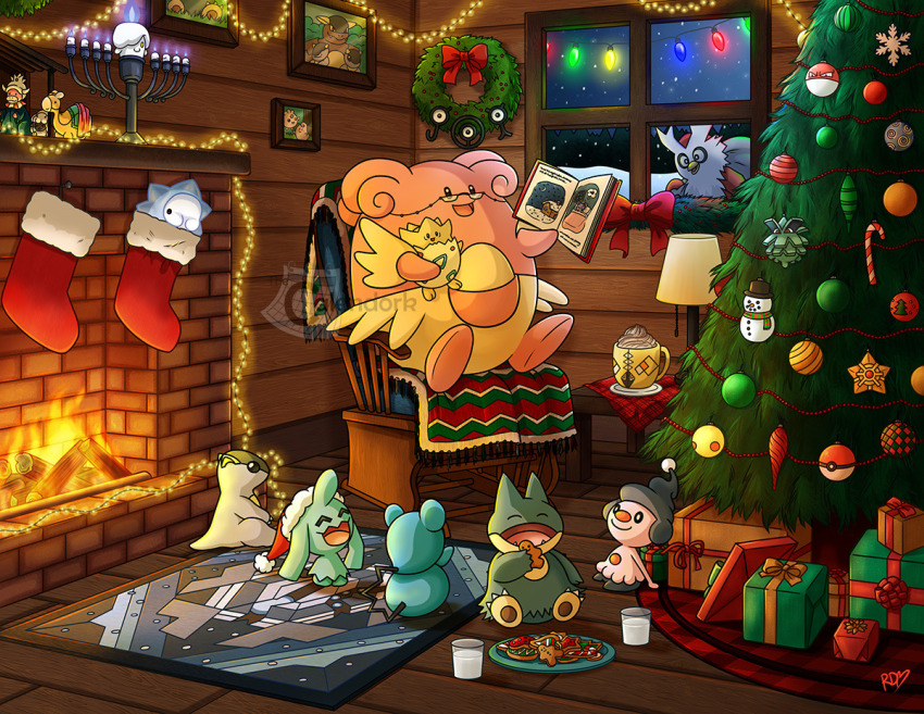 ^_^ artist_name azurill bag bespectacled blissey book bow box candle candlestand chair character_ornament christmas christmas_lights christmas_ornaments christmas_present christmas_stocking christmas_tree christmas_wreath cleffa closed_eyes closed_mouth clothed_pokemon commentary cookie cryogonal cup delibird ditto egg english_commentary fire fireplace firewood food gen_1_pokemon gen_2_pokemon gen_3_pokemon gen_5_pokemon gen_7_pokemon gen_8_pokemon gift gift_box gingerbread_cookie gingerbread_man glass glasses holding holding_bag holding_book holding_cookie holding_food holding_pokemon igglybuff indoors kangaskhan lamp legendary_pokemon litwick looking_inside menorah milk mug nativity night nintendo no_humans numel on_chair open_book open_mouth photo_(object) picture_frame pineco plate poke_ball poke_ball_(basic) poke_ball_theme pokemon pokemon_(creature) pokemon_focus purple_fire rattata red_bow rocking_chair rug sack signature sitting slowking smile snom snorlax snow star_(sky) staryu table tapu_koko thecalendork themed_object togepi transformed_ditto unown unown_j unown_o unown_y unownglyphics voltorb watermark whipped_cream window wooloo wreath wynaut