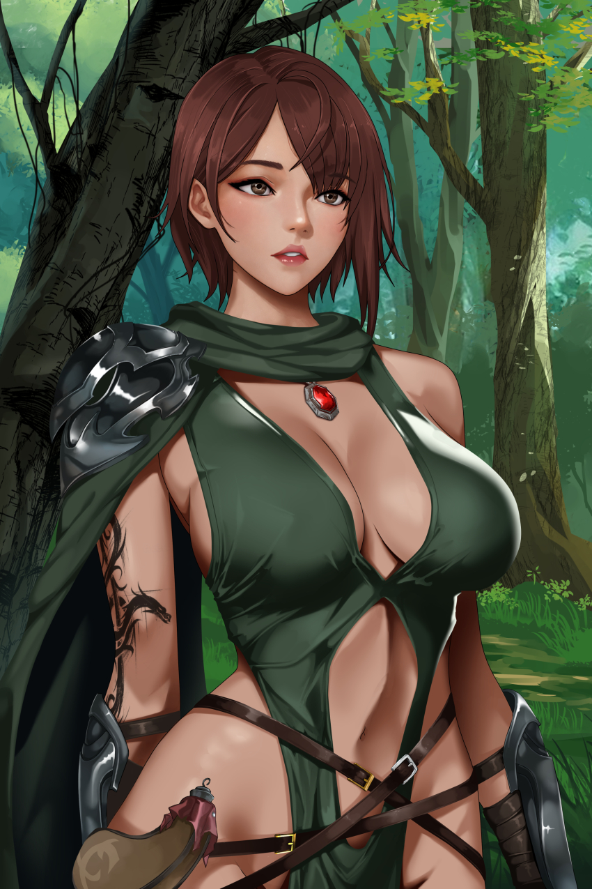 1girl absurdres arm_tattoo armor breasts brown_eyes brown_hair clothing_cutout dress forest green_dress highres indy_k large_breasts lips nature navel navel_cutout original outdoors pelvic_curtain short_hair shoulder_armor solo tattoo wrist_guards