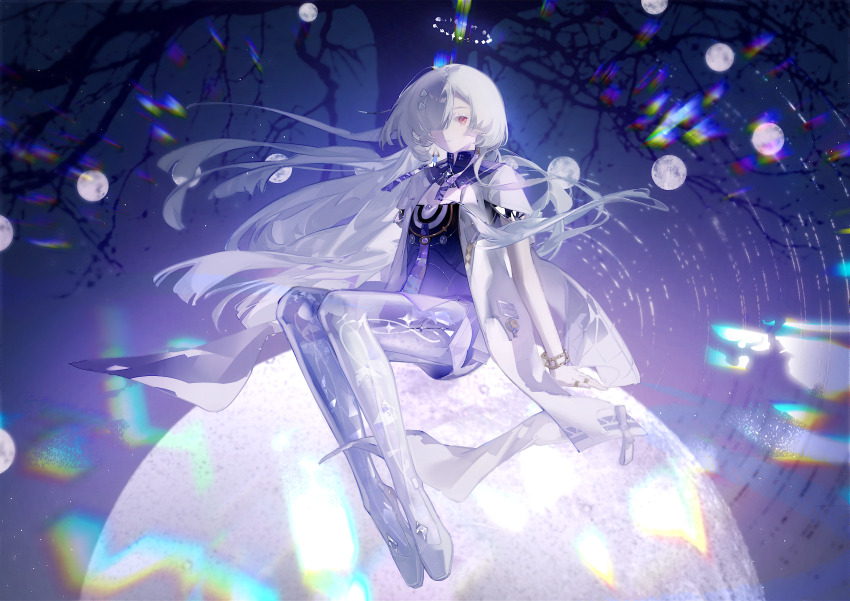 1girl absurdres breasts chromatic_aberration closed_mouth commentary dress earrings grey_hair hair_ornament hair_over_one_eye halo highres jacket jewelry long_hair looking_at_viewer medium_breasts mornye_(wuthering_waves) purple_dress red_eyes sceed see-through_body sitting solo triangle_earrings white_jacket wuthering_waves