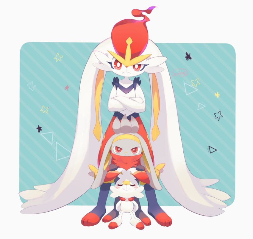 blush_stickers bright_pupils cinderace closed_mouth commentary_request crossed_arms evolutionary_line frown furry gen_8_pokemon izobe looking_at_viewer nintendo pokemon pokemon_(creature) raboot red_eyes scorbunny smile standing toes white_fur white_pupils