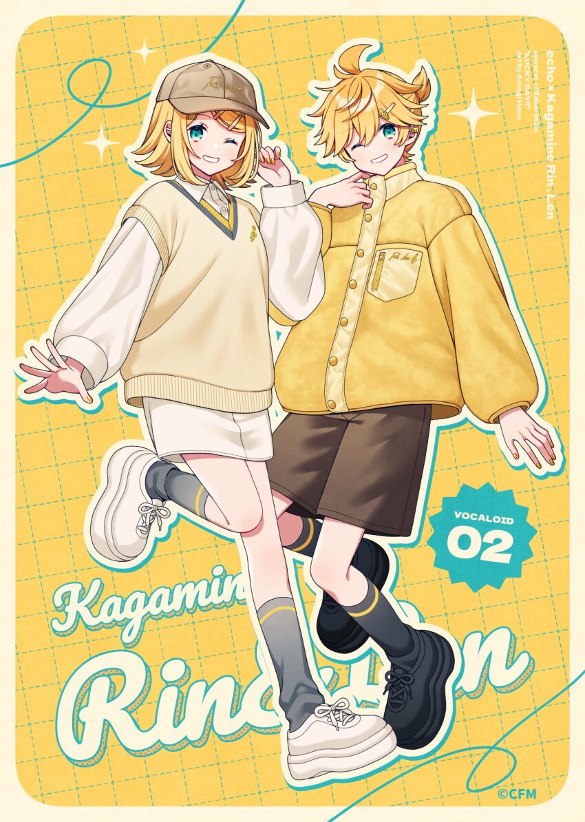 1boy 1girl ;d amagi_hana black_shoes black_socks blonde_hair blue_eyes brown_hat brown_shorts character_name collared_shirt commentary_request copyright_notice full_body grey_socks hair_ornament hairclip hat highres jacket kagamine_len kagamine_rin leg_up long_sleeves official_art one_eye_closed open_mouth outline puffy_long_sleeves puffy_sleeves shirt shoes shorts smile socks vocaloid white_outline white_shirt white_shoes yellow_jacket
