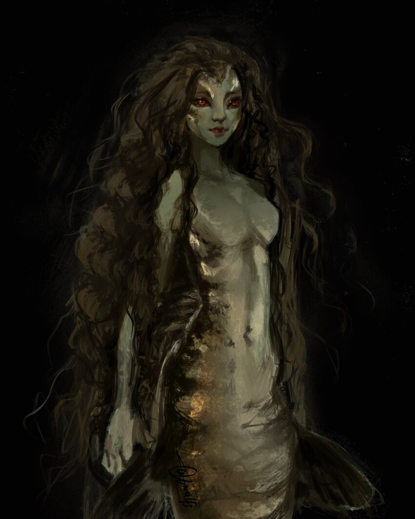 1girl absurdres back_fin black_background black_hair black_sclera colored_sclera colored_skin commentary english_commentary facial_mark floating_hair green_skin highres long_hair looking_at_viewer mermaid monster_girl original red_eyes simple_background solo twulfs wavy_hair webbed_hands