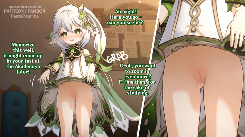 1girl 3d blender_(medium) blush censored cleft_of_venus clothes_lift dark-skinned_male dark_skin dialogue_box english_text female_focus flat_chest genshin_impact gradient_hair green_eyes highres indoors loli looking_at_viewer lower_body mihoyo mosaic_censoring multicolored_hair multiple_views nahida_(genshin_impact) pastapaprika pussy pussy_peek self-upload side_ponytail skirt skirt_lift smile standing text_focus thighs white_hair zooming_in
