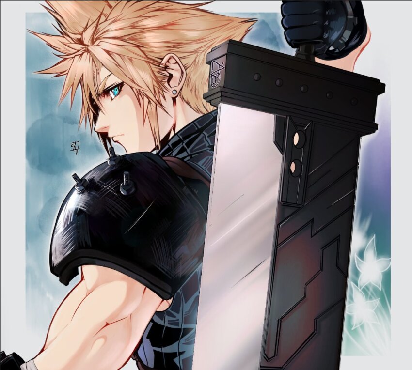 1boy 547v1 aqua_eyes armor bandaged_arm bandages black_gloves blonde_hair buster_sword cloud_strife earrings final_fantasy final_fantasy_vii final_fantasy_vii_remake frown gloves hair_between_eyes jewelry looking_at_viewer male_focus muscular muscular_male pauldrons short_hair shoulder_armor single_earring single_pauldron sleeveless sleeveless_turtleneck solo spiked_hair turtleneck upper_body weapon weapon_on_back