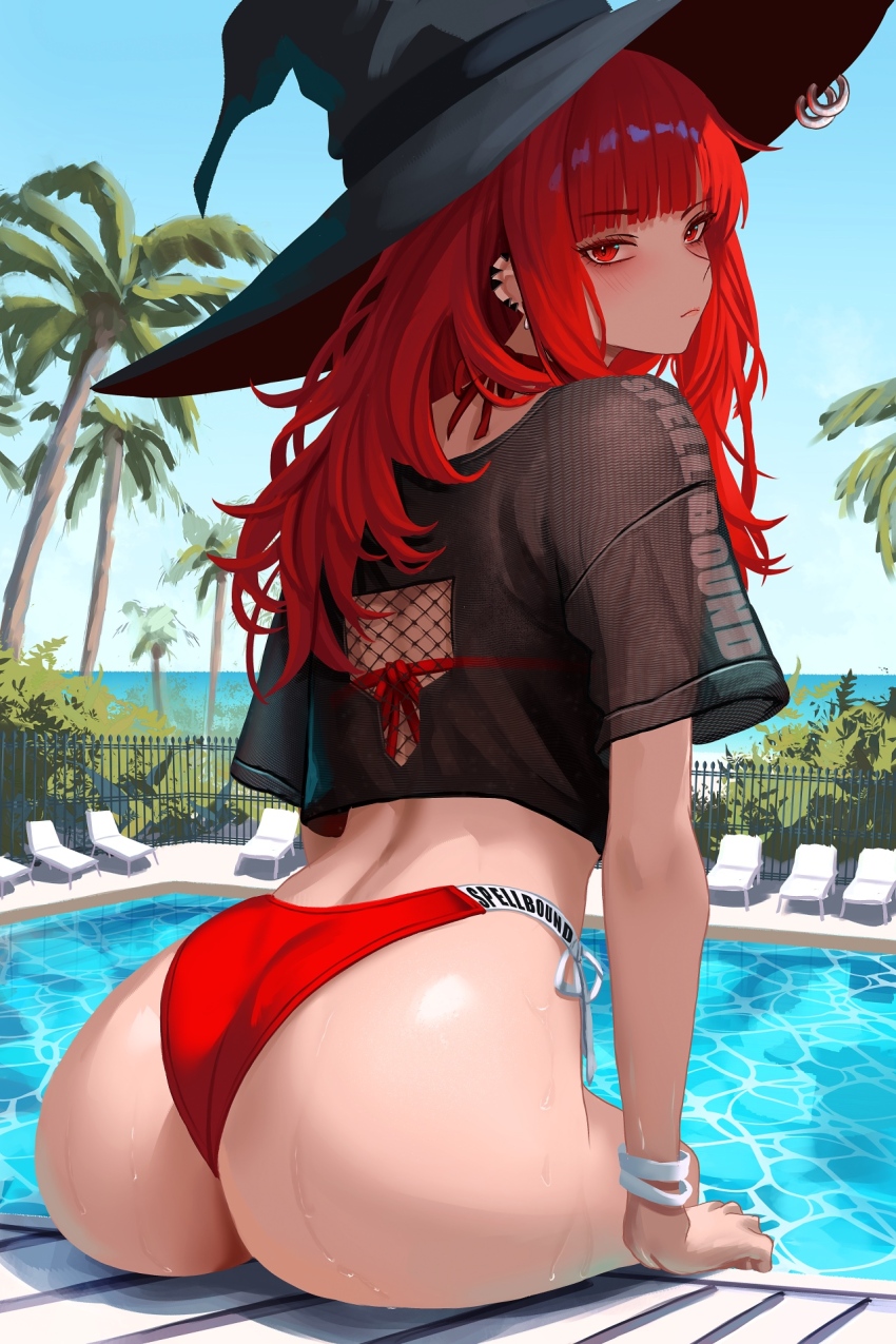 1girl ass bikini black_shirt commentary day english_commentary from_behind hat highres long_hair looking_at_viewer looking_back original palm_tree pool red_bikini red_eyes red_hair shirt sitting solo swimsuit tree val_(yan_kodiac) witch_hat yan_kodiac