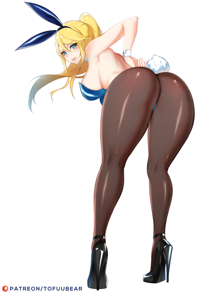 ass backboob blonde_hair blue_eyes blue_leotard blush breasts bunny_girl eyelashes hair_between_eyes hand_on_own_hip high_heels huge_ass kneepits large_breasts legs leotard lips long_hair looking_at_viewer looking_back metroid mole mole_under_mouth nintendo pantyhose playboy_bunny ponytail rabbit_ears rabbit_tail samus_aran sideboob thighs tofuubear wide_hips wrist_cuffs