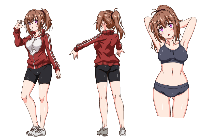 1girl absurdres arms_behind_head bike_shorts black_panties black_shorts black_sports_bra blush breasts brown_hair character_request commentary_request cropped_legs full_body gym_shirt hand_up highres jacket kyokucho large_breasts long_hair looking_at_viewer love_me:_kakurenbo multiple_views navel open_mouth panties pink_hair ponytail red_jacket red_trim reference_sheet shirt shoes shorts simple_background sports_bra standing track_jacket underwear white_background white_shirt white_shoes