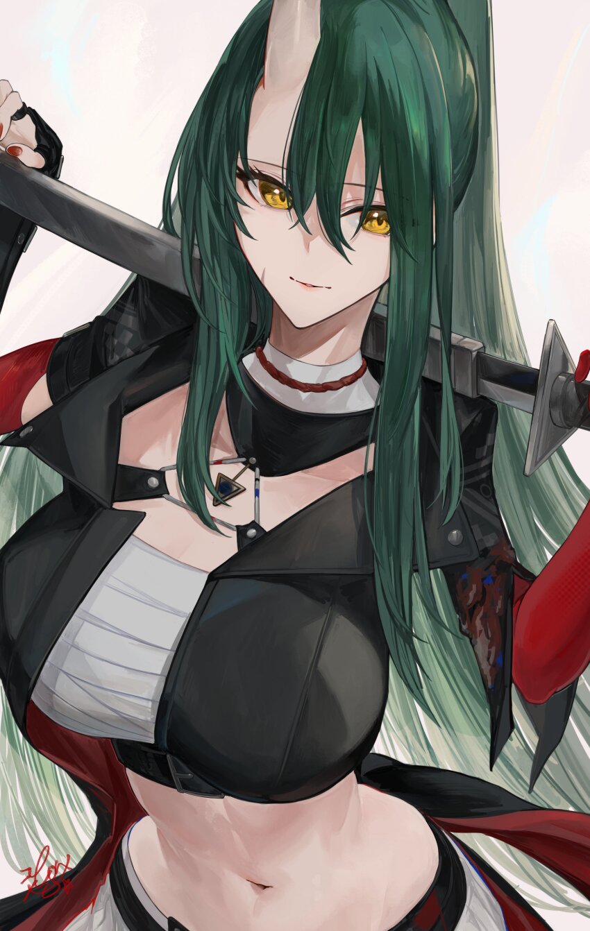1girl absurdres arknights black_jacket breasts chest_sarashi commentary crop_top cropped_jacket green_hair grey_background hair_between_eyes highres holding holding_sword holding_weapon horns hoshiguma_(arknights) hoshiguma_the_breacher_(arknights) jacket kajuu large_breasts long_hair looking_at_viewer midriff navel open_clothes open_jacket sarashi sheath signature simple_background single_horn skin-covered_horns solo sword upper_body weapon yellow_eyes