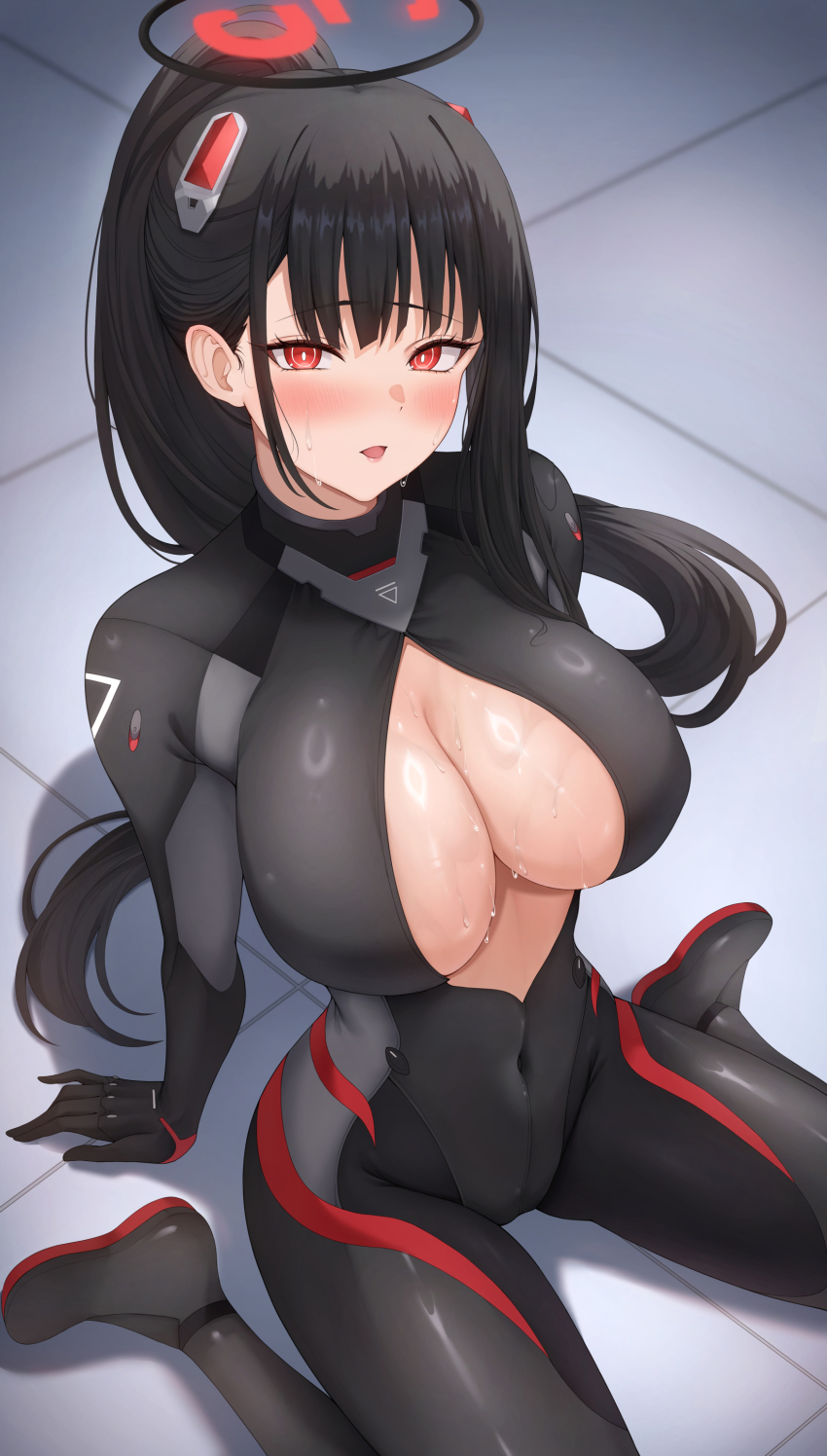 1girl absurdres black_bodysuit black_hair black_halo blue_archive bodysuit breasts bright_pupils cleavage commentary covered_navel halo headgear highres large_breasts long_hair looking_at_viewer multicolored_halo official_alternate_costume official_alternate_hairstyle on_floor open_bodysuit open_clothes open_mouth paid_reward_available ponytail red_eyes red_halo ringed_eyes rio_(armed)_(blue_archive) rio_(blue_archive) shinigami_kiraki sitting skin_tight solo sweat tile_floor tiles two-tone_halo very_long_hair wariza white_pupils