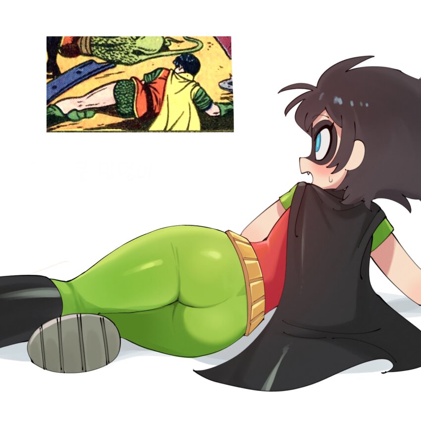 1boy 1girl ass batrobin_k black_cape black_hair blue_eyes blush boots cape dc_comics domino_mask eye_mask fang highres loli lying mask on_side open_mouth reference_inset robin_(batrobin_k) robin_(dc) short_hair simple_background superhero_costume sweatdrop white_background