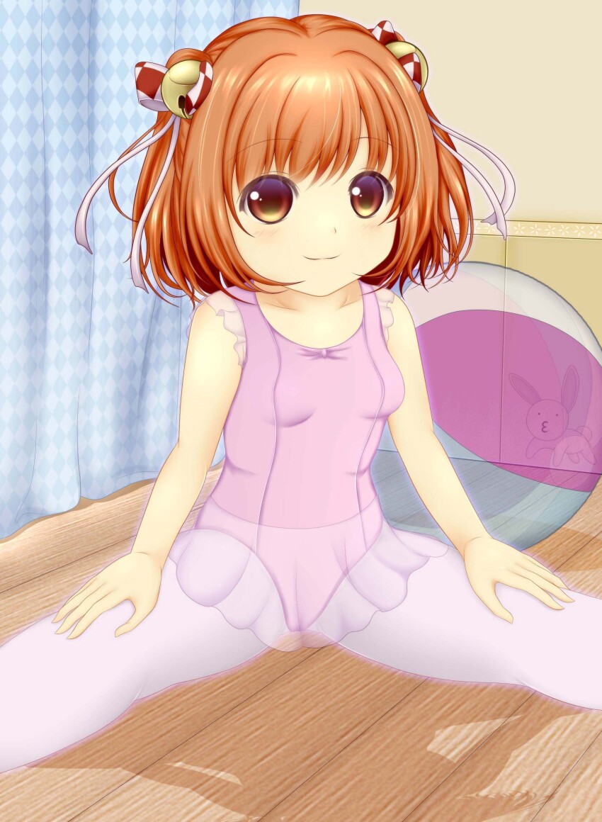 1girl :3 ball ballerina bell blush breasts brown_eyes brown_hair collarbone curtains exercise_ball hair_bell hair_ornament hair_ribbon hands_on_own_thighs jingle_bell leotard loli looking_at_viewer motoori_kosuzu pantyhose pink_leotard ribbon see-through_clothes see-through_skirt short_hair shounen_(hogehoge) sitting skirt small_breasts smile spread_legs stretching stuffed_animal stuffed_rabbit stuffed_toy touhou tutu twintails white_pantyhose white_ribbon white_skirt
