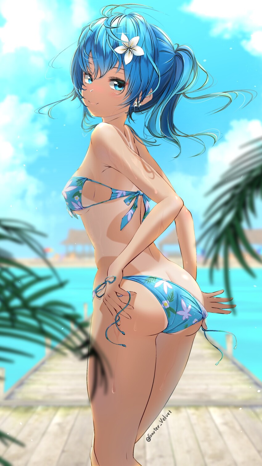 1girl aigami_kaon bikini blue_bikini blue_hair blue_sky blurry cloud day depth_of_field dock feet_out_of_frame floral_print garter-velvet hair_ribbon highres looking_back one-piece_tan one_eye_closed original outdoors ponytail ribbon side-tie_bikini_bottom sky smile solo strapless strapless_bikini swimsuit tan tanline