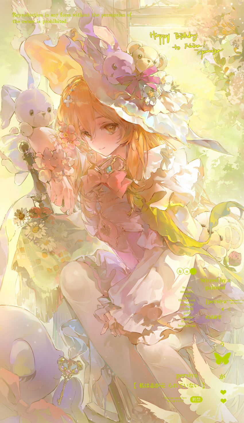 1girl animal_ears blonde_hair bow chinese_commentary commentary_request dress flower hat highres leaf looking_at_viewer multicolored_dress original pengren_siya pink_bow rabbit rabbit_ears smile tree window yellow_eyes