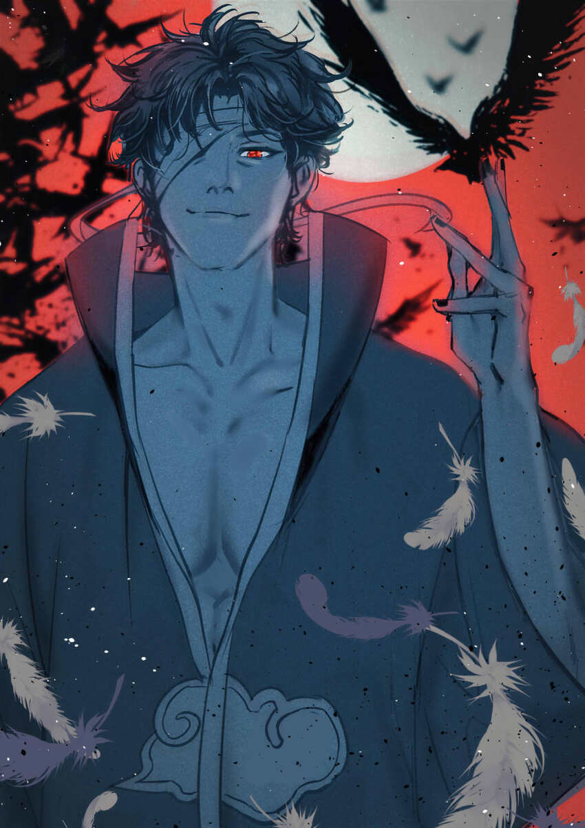 1boy akatsuki_uniform alternate_costume bandage_over_one_eye bird black_bird black_nails closed_mouth collarbone commentary crow english_commentary falling_feathers feathers full_moon high_collar highres male_focus momoyoru1 moon naruto_(series) naruto_shippuuden pectoral_cleavage pectorals red_background red_eyes red_sky short_hair sky solo toned toned_male uchiha_shisui upper_body